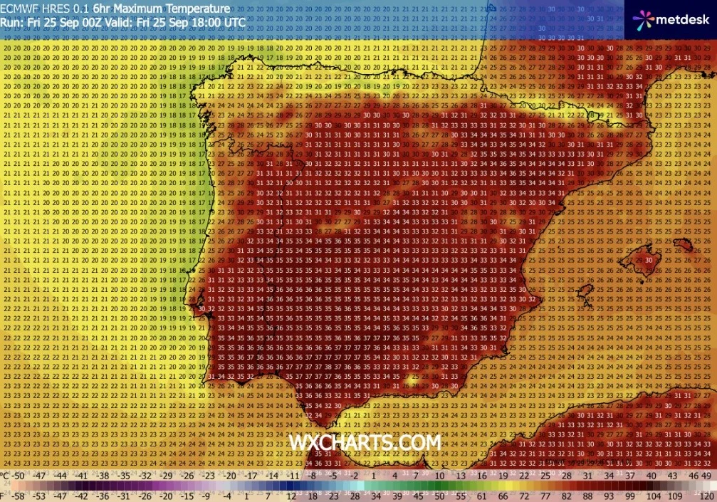 Upał w piątek opanował zdecydowaną większość Półwyspu Iberyjskiego Mapa temperatur maksymalnych na Półwyspie Iberyjskim przedstawiająca dominację wysokich wartości, sięgających w wielu regionach 33-39°C, z wyraźnym kontrastem chłodniejszych wybrzeży i cieplejszego wnętrza lądu.