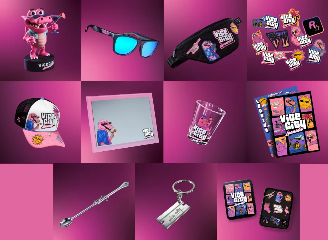 Kolekcja gadżetów z motywami Vice City, obejmująca figurkę różowego aligatora, okulary przeciwsłoneczne, nerkę, zestaw przypinek, czapkę z daszkiem, lusterko, szklankę, notes, długą łyżeczkę, brelok oraz dwa zestawy naklejek, wszystko utrzymane w energ...