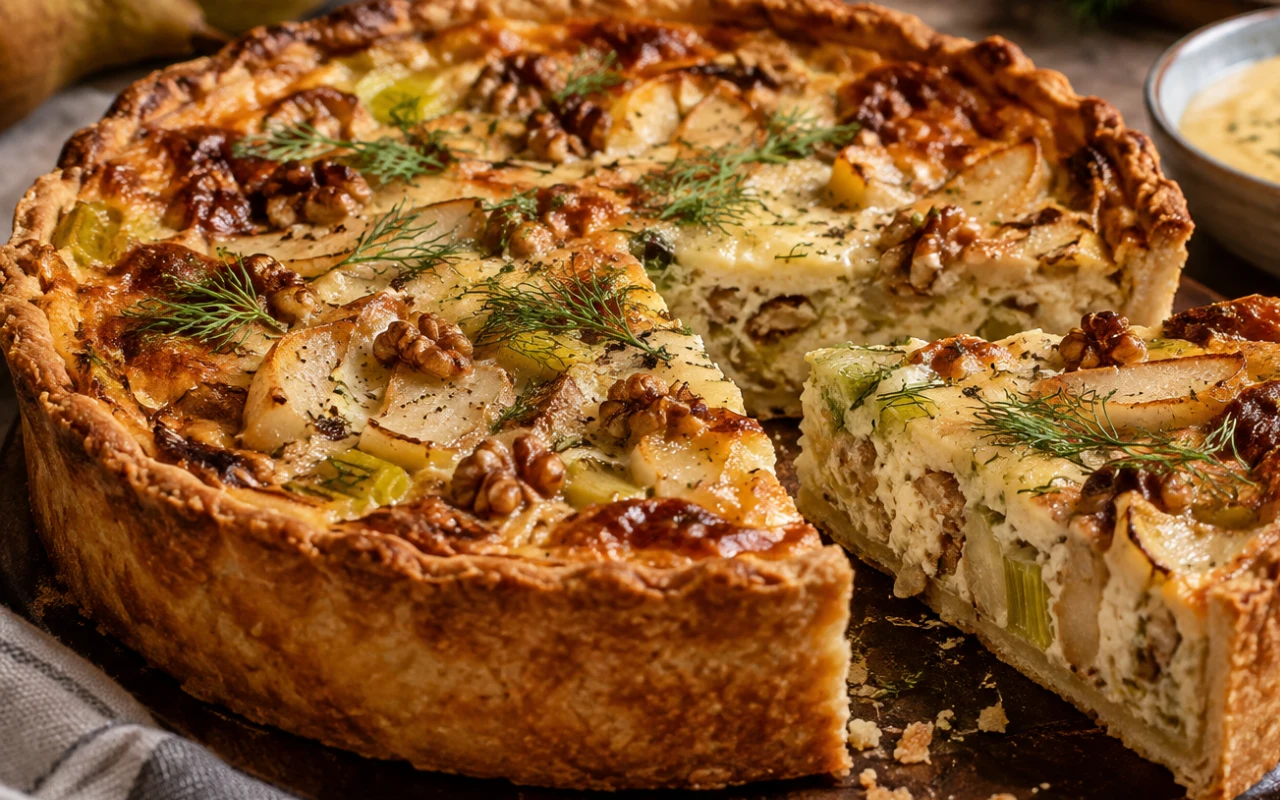 Quiche z gruszką, porem i orzechami – z kremem cheddarowym Wytrawna tarta na kruchym spodzie, udekorowana plasterkami gruszki, orzechami włoskimi i świeżym koperkiem.