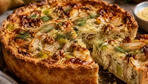 Quiche z gruszką, porem i orzechami – z kremem cheddarowym