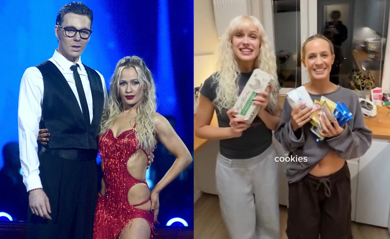 Helena Englert i Magda Tarnowska piekły ciastka w mieszkaniu Bagiego Po lewej elegancka para w stylizacjach tanecznych pozuje na scenie, po prawej dwie uśmiechnięte kobiety w luźnych ubraniach stoją w kuchni, trzymając w rękach produkty spożywcze.