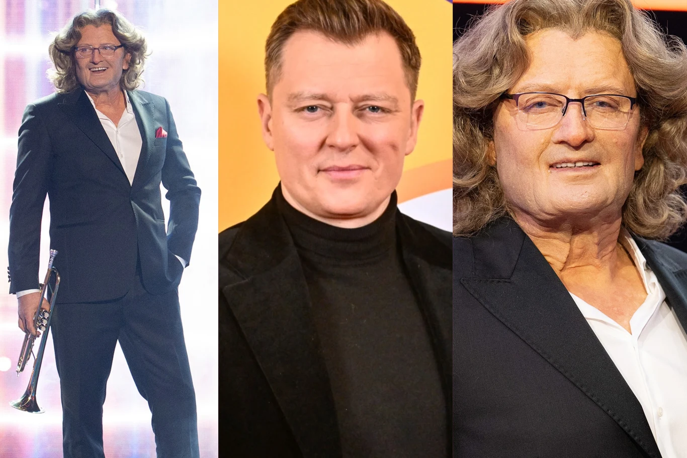 Rafał Brzozowski jako Zbigniew Wodecki w "Twoja twarz brzmi znajomo" Trzech mężczyzn w średnim wieku, każdy z innym wyglądem; po lewej mężczyzna w okularach, z długimi kręconymi włosami, ubrany w ciemny garnitur z białą koszulą i czerwonym akcentem, trzyma trąbkę; w środku mężczyzna z krótkimi włosami w czarnej marynarc...