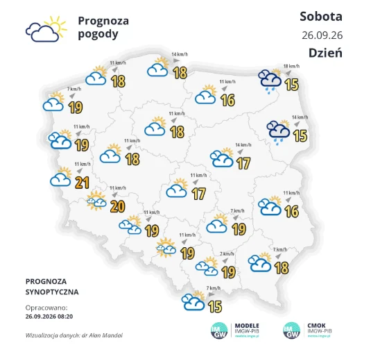 Mapa Polski z prognozą pogody na sobotę 26 września 2026, pokazująca temperatury w ciągu dnia od 15°C do 21°C, zachmurzenie z przejaśnieniami w większości regionów, na północnym wschodzie lokalne opady deszczu i silniejszy wiatr, w pozostałych częściac...