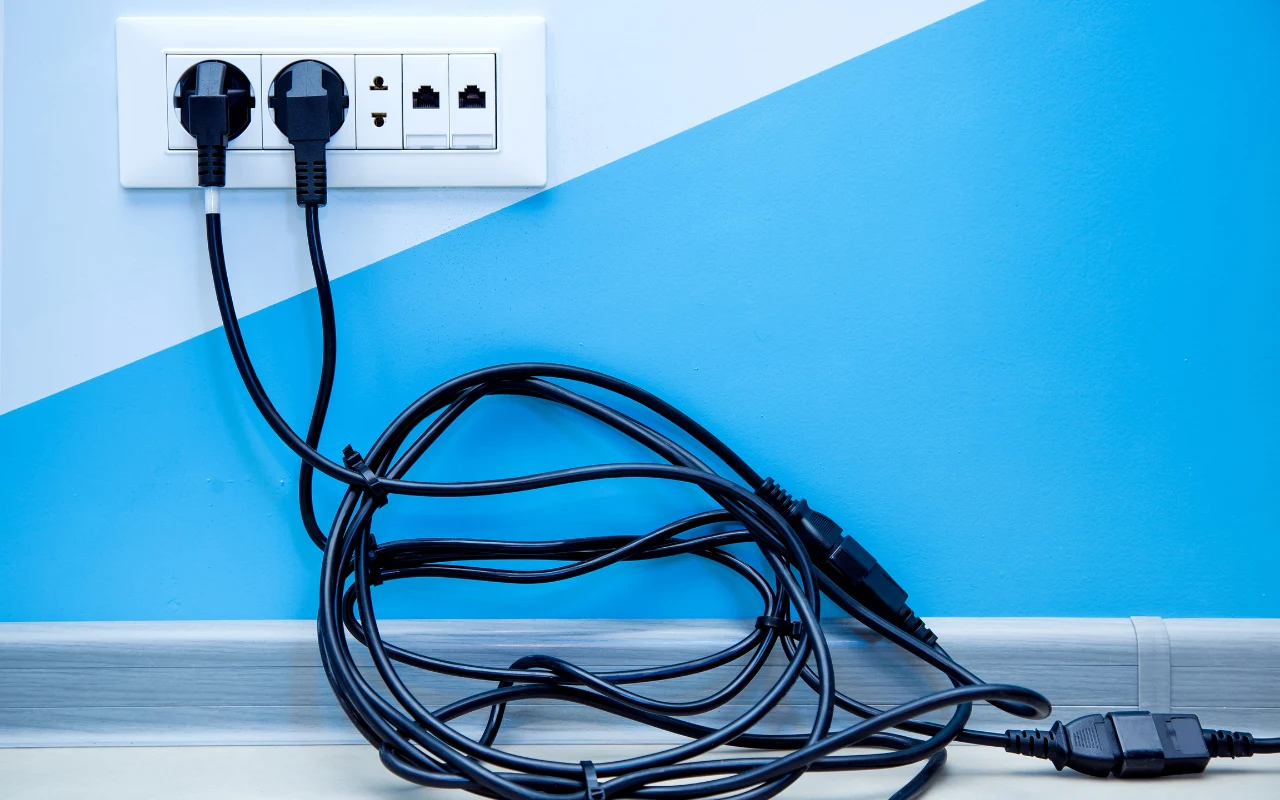 Jak uporządkować kable w domu? Splątane kable przy gniazdku elektrycznym