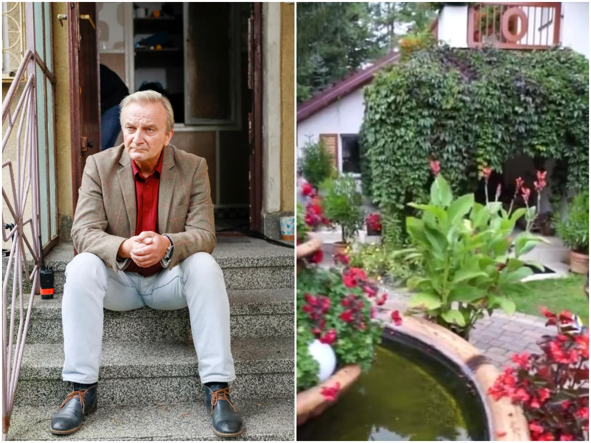 Dom Arkadiusza Nadera pod Wyszkowem/ fot. materiały zewnętrzne Arkadiusz Nader przed swoim domem pod Wyszkowem. Aktor siedzi na schodach przy stuletniej posiadłości w otoczeniu ogrodu.