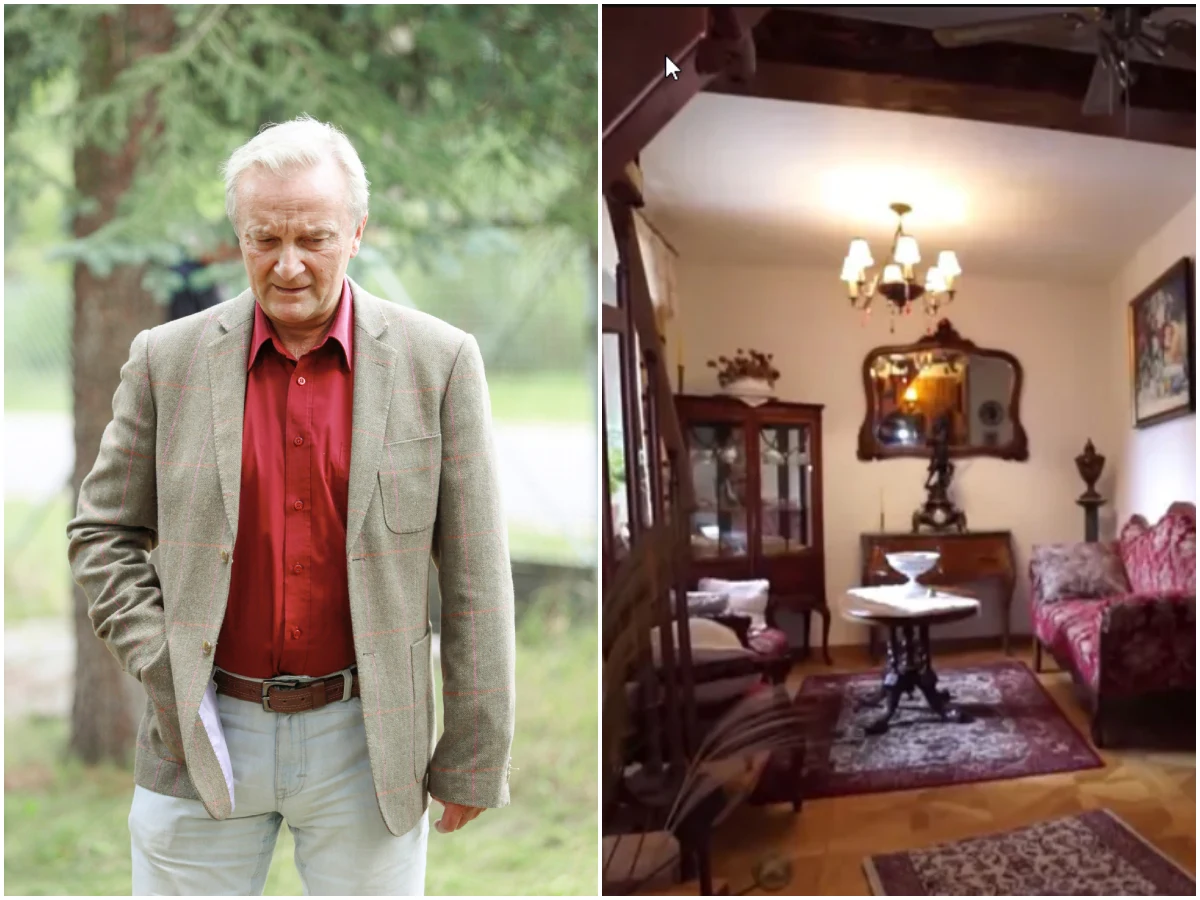 Dom Arkadiusza Nadera pod Wyszkowem/ fot. materiały zewnętrzne Starszy mężczyzna w jasnej marynarce i czerwonej koszuli stoi na zewnątrz oraz klasycznie urządzony salon z zabytkowymi meblami, kryształowym żyrandolem i ozdobnym lustrem nad komodą.