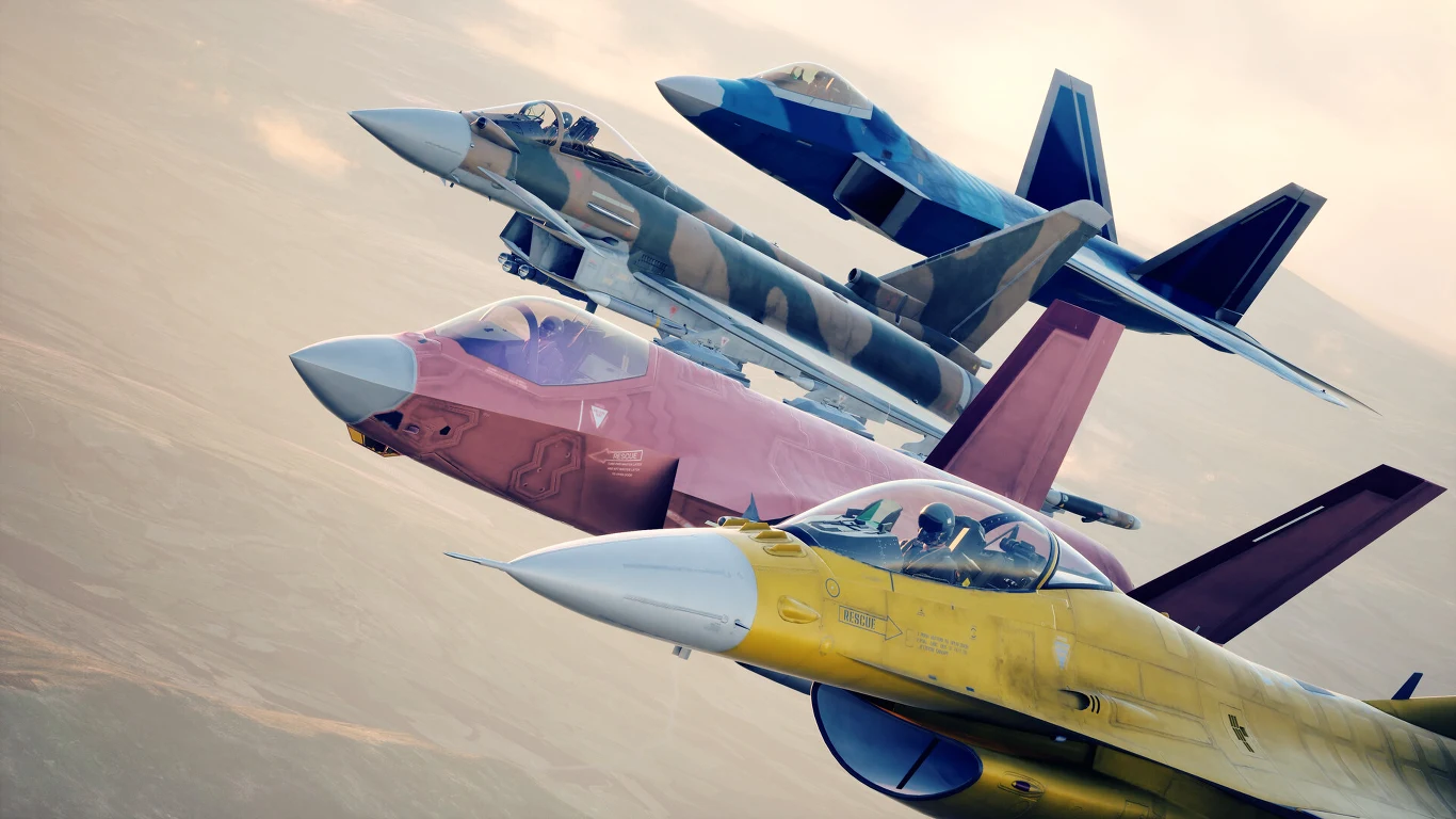 Trzy myśliwce bojowe w różnych kolorach i kamuflażach lecą obok siebie na tle jasnego nieba.