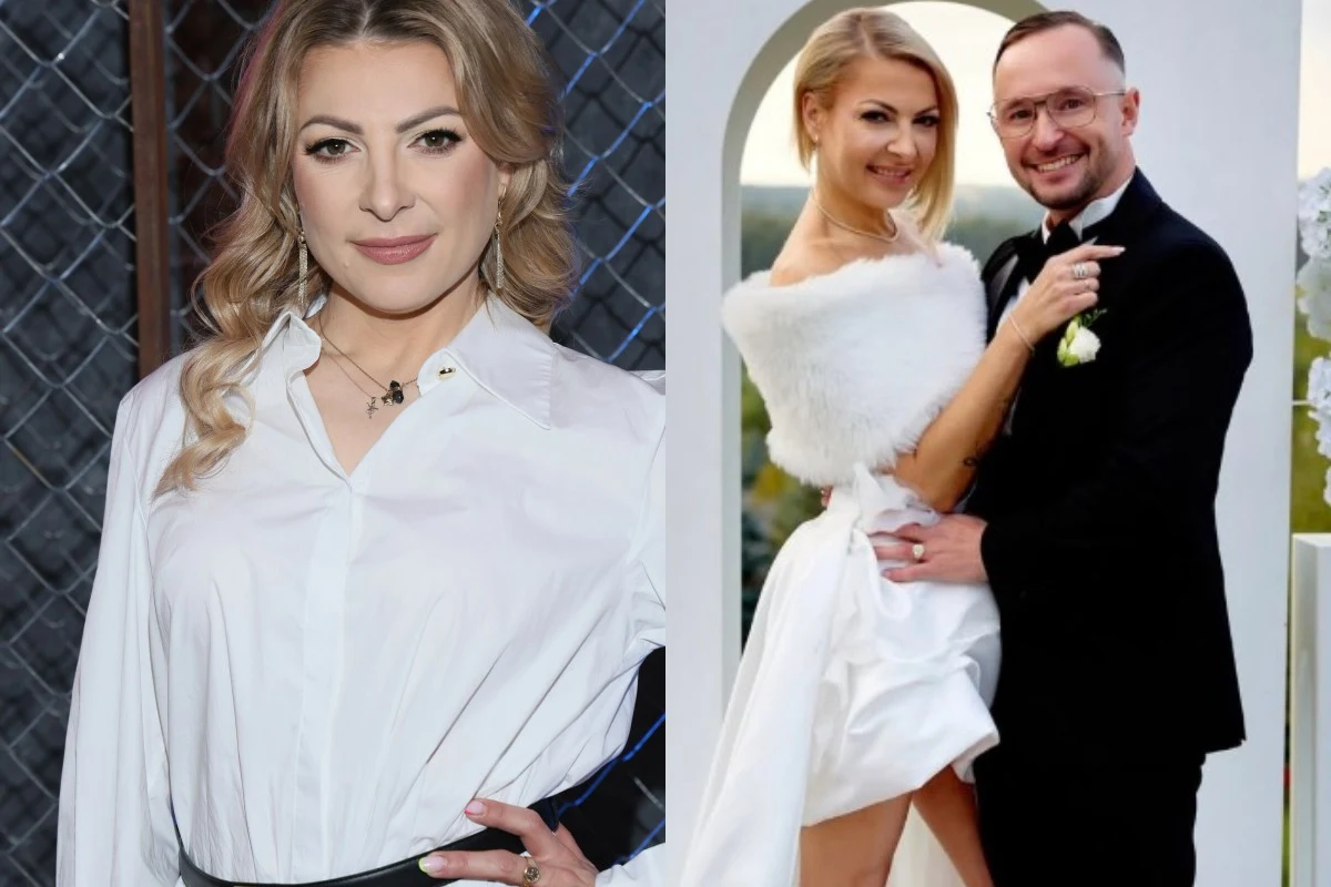 Magdalena Narożna wyszła za mąż Magdalena Narożna w sukni ślubnej i Krzysztof Romaniuk w garniturze pozują razem w dniu swojego ślubu.