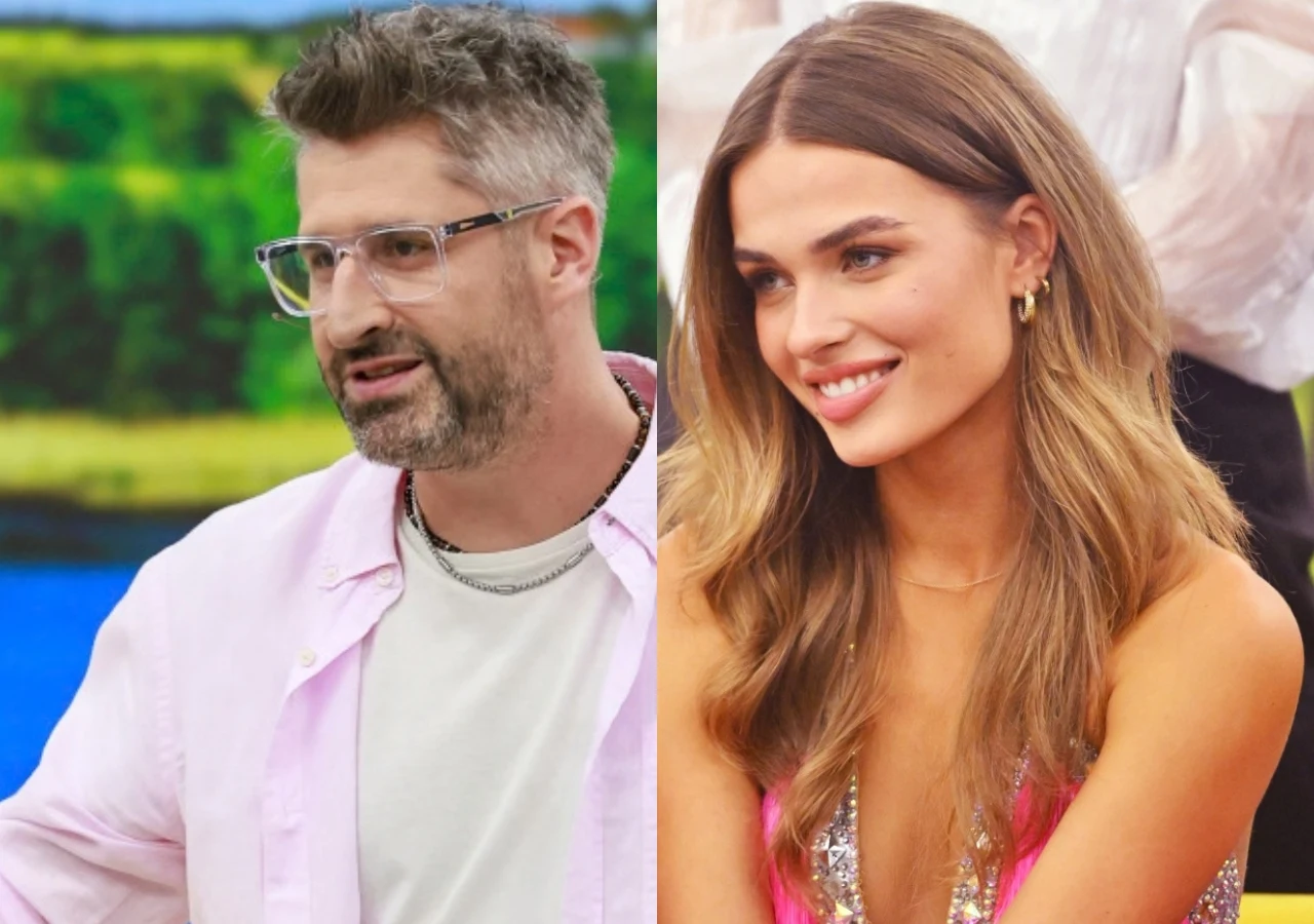 Piotr Gumulec i Julia Suryś w "halo tu polsat" Komik Piotr Gumulec i tancerka Julia Suryś, para z "Tańca z gwiazdami", na planie programu "halo tu polsat"