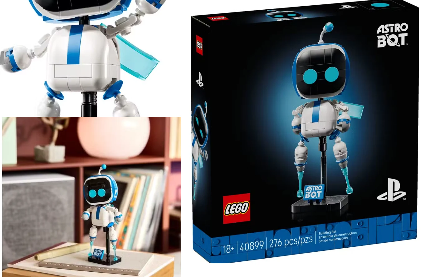 LEGO Astro Bot Zestaw klocków LEGO przedstawiający robota Astro Bot z niebieskimi akcentami, na tle opakowania z motywem PlayStation oraz stojącą na półce gotową figurką zbudowaną z klocków.