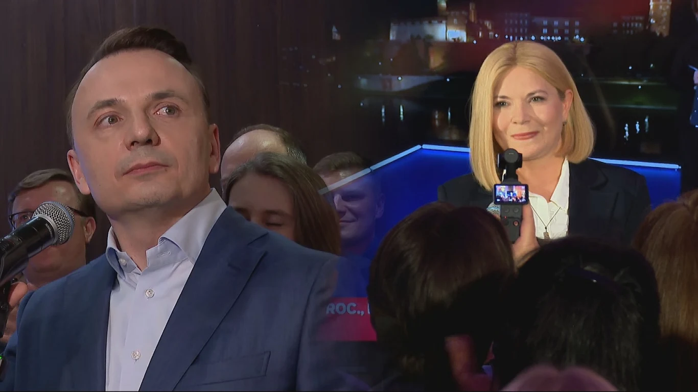 Łukasz Gibała i Monika Piątkowska według sondaży exit poll zmierzą się w drugiej turze Łukasz Gibała i Monika Piątkowska podczas wieczoru wyborczego, oboje z mikrofonami, w tle nocny krajobraz miasta