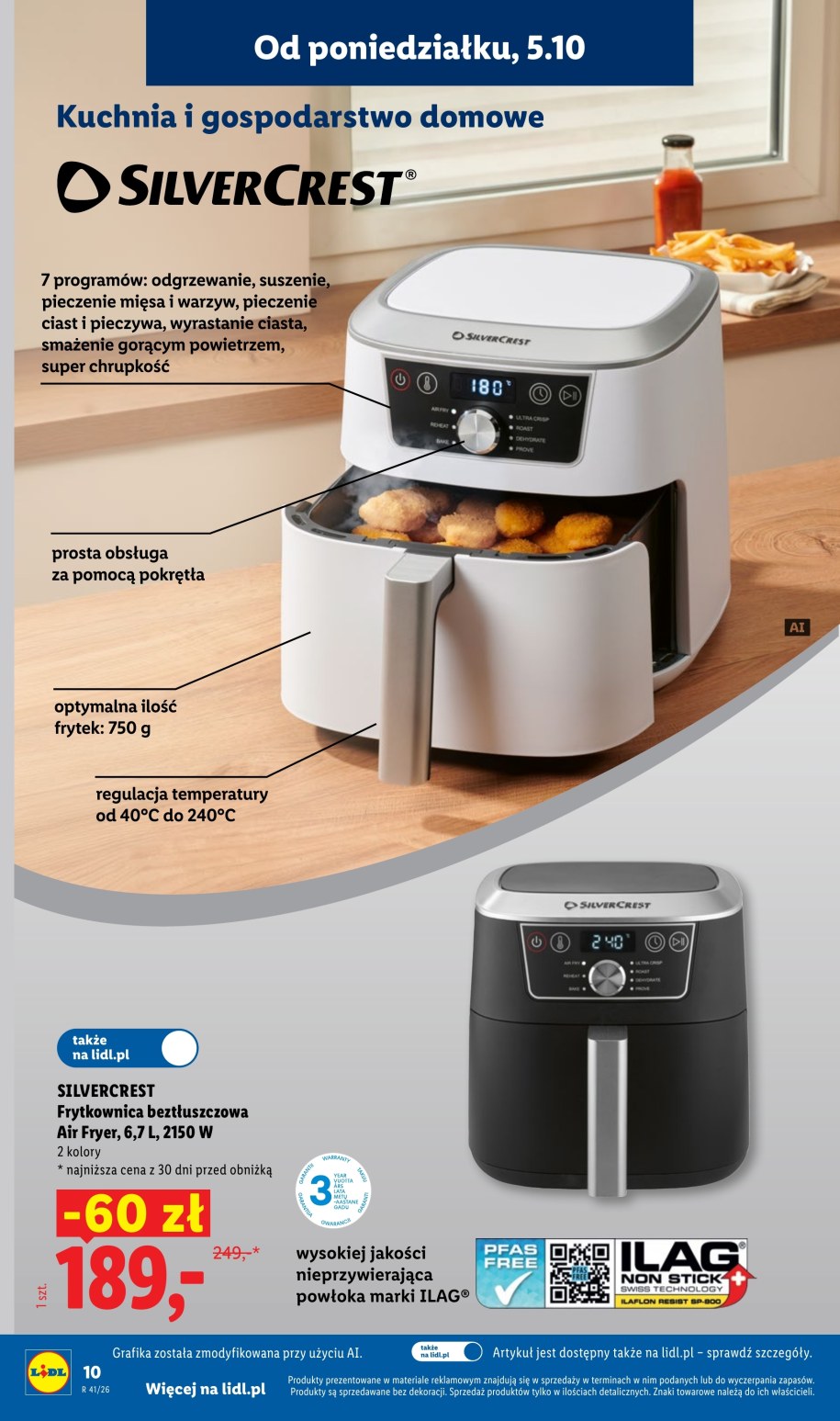 Frytkownica beztłuszczowa SilverCrest Air Fryer 6,7 l za 189 zł w gazetce Lidla od 5.10