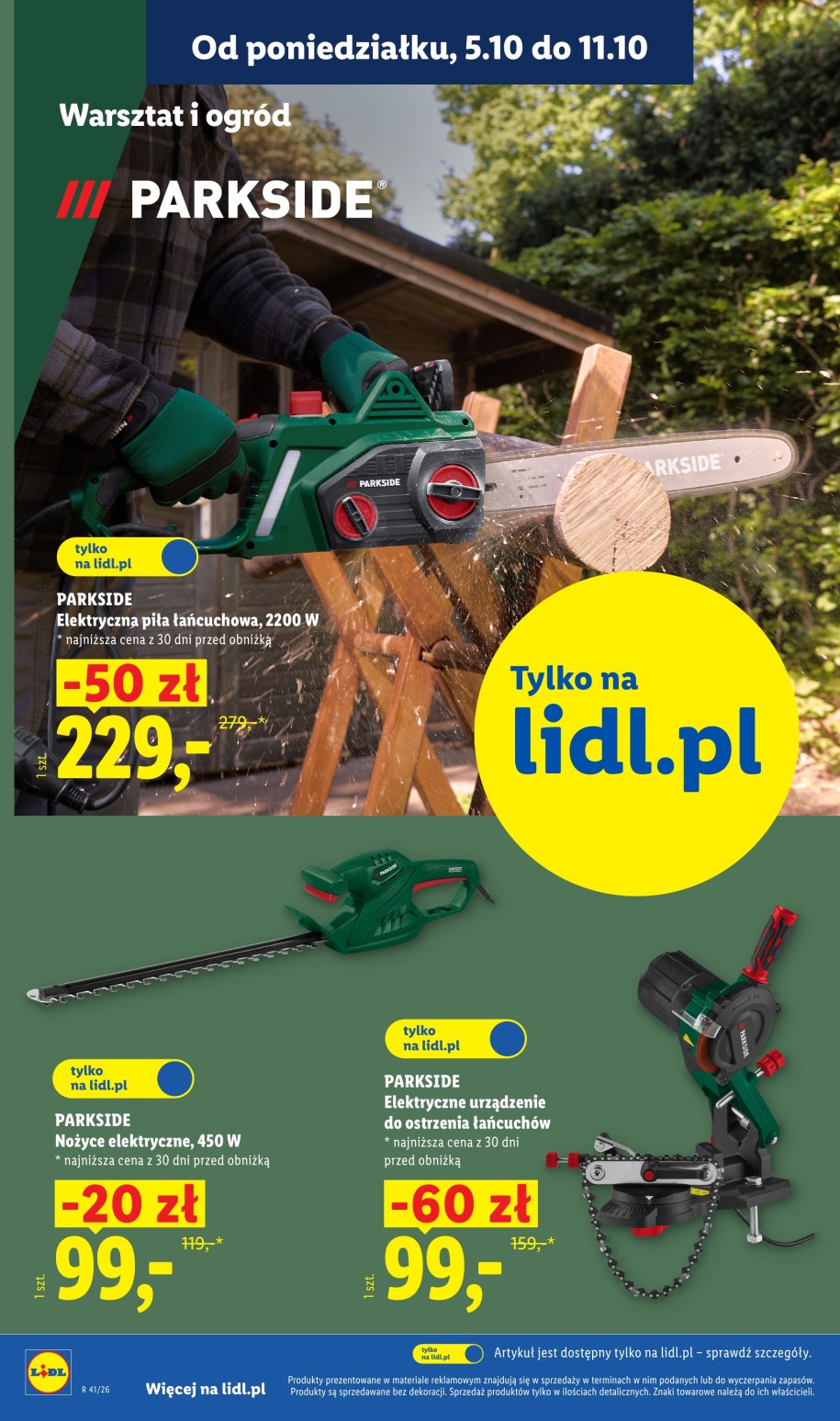 Elektryczna piła łańcuchowa Parkside 2200 W za 229 zł i ostrzałka za 99 zł w gazetce Lidla