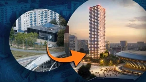 Po lewej obecna zabudowa przy ul. Chorzowskiej 1, po prawej wizualizacja 130-metrowego drapacza chmur