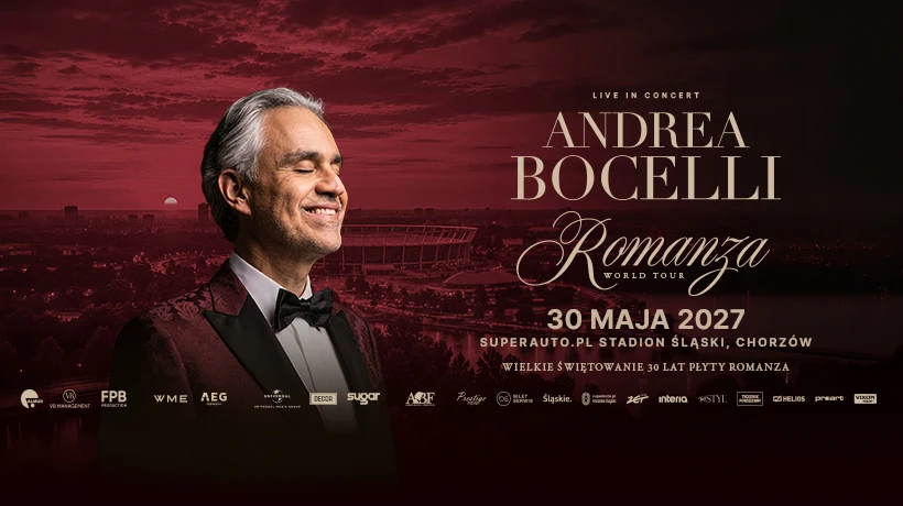 Andrea Bocelli wystąpi w Polsce już 30 maja 2027 r. Andrea Bocelli w eleganckim smokingu uśmiecha się na tle stadionu z informacjami o koncercie Romanza World Tour, zaplanowanym na 30 maja 2027 roku na Stadionie Śląskim w Chorzowie.