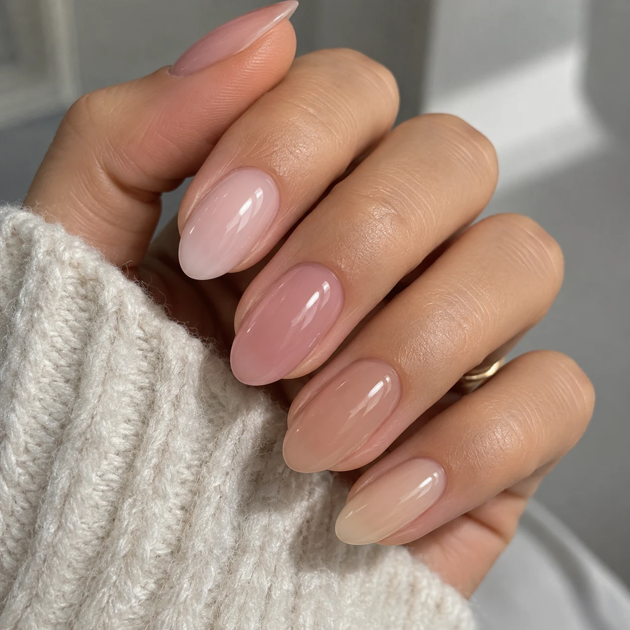 Dłonie z długimi paznokciami w migdałowym kształcie, pomalowane jasnym, naturalnym lakierem w odcieniach nude, subtelny efekt ombre i miękki sweter w kolorze ecru otulający nadgarstek.
