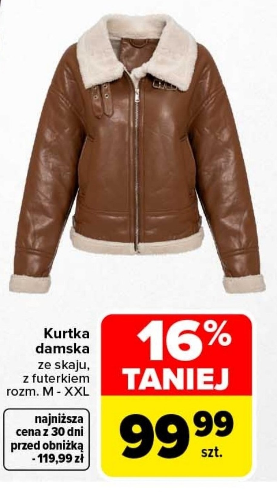 Kurtka damska ze skaju z futerkiem za 99,99 zł w gazetce Carrefoura ważnej do 31.10