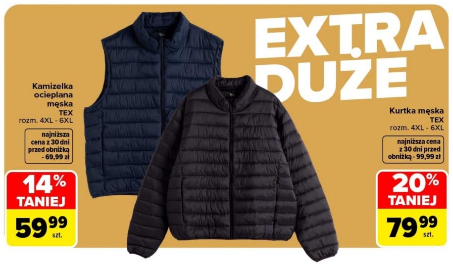 Męska kamizelka za 59,99 zł i kurtka TEX za 79,99 zł w rozmiarach 4XL–6XL w gazetce Carrefoura