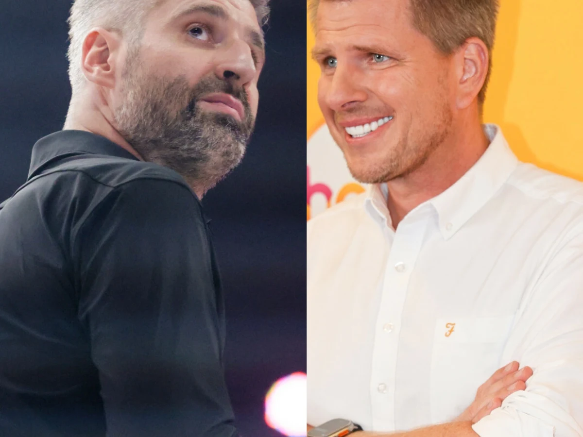 Piotr Gumulec, Filip Chajzer Dwa portrety mężczyzn zestawione obok siebie, po lewej stronie osoba z brodą w czarnej koszuli, po prawej mężczyzna w białej koszuli, uśmiechnięty, na tle żółtej ściany.