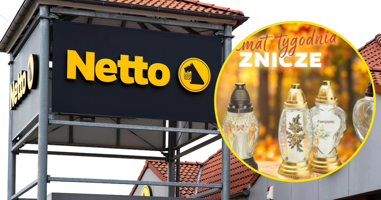Znicze od 6,99 zł i bukiety od 9 zł. Netto wystawiło kolekcję na Wszystkich Świętych. Szyld Netto i promocyjna grafika z ofertą różnych zniczy na tle jesiennego krajobrazu.