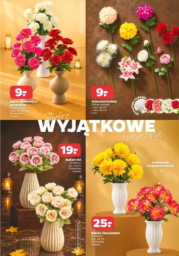 Sztuczne kwiaty od 9 zł w Netto Kolorowe bukiety sztucznych kwiatów w różnych odcieniach ustawione w eleganckich wazonach oraz pojedyncze sztuczne kwiaty prezentowane z cenami na tle brązowym i złotym.