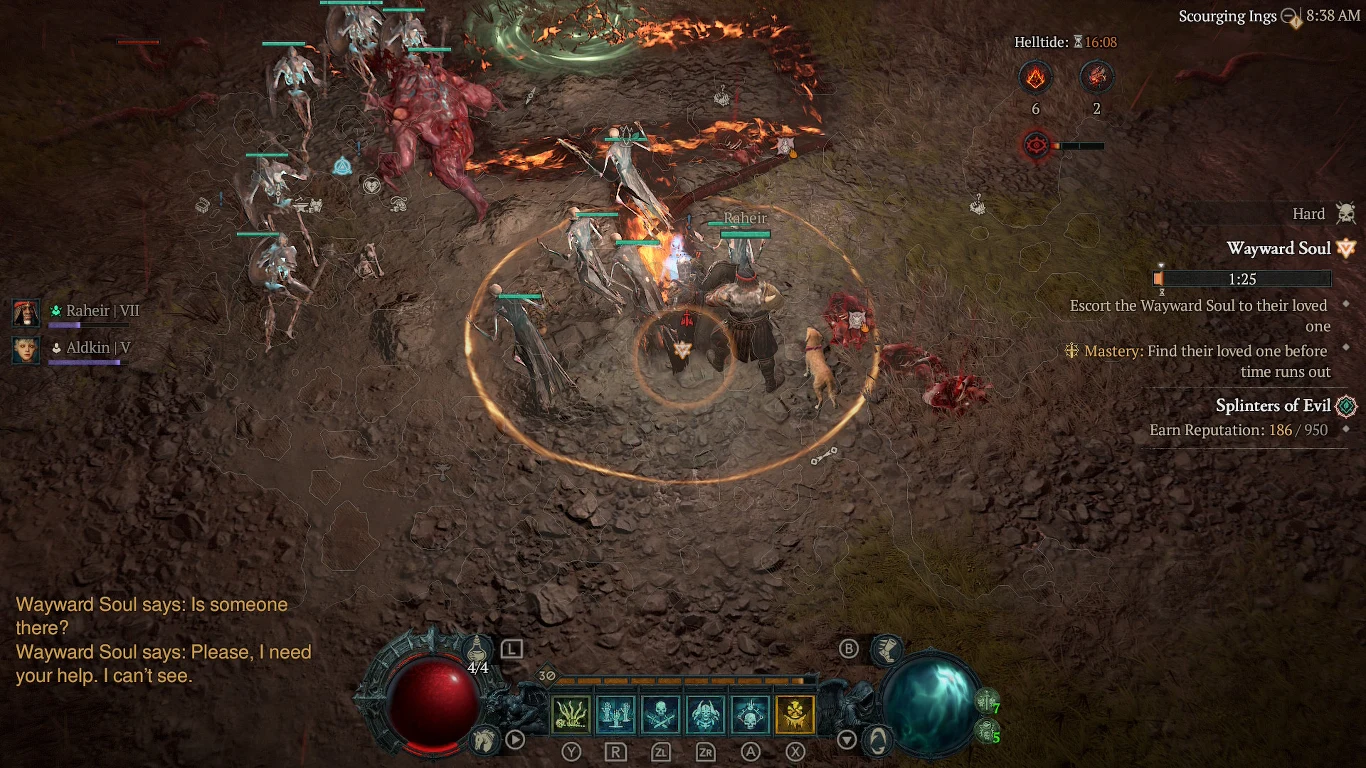 Diablo 4 Grupa postaci w zbrojach walczy z demonami na spękanej, ognistej arenie, otoczona magicznym kręgiem i interfejsem gry z paskiem umiejętności na dole ekranu.