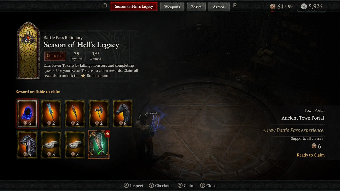 Diablo 4 Ekran gry prezentujący sekcję nagród przepustki sezonowej, na której widoczne są odblokowane i dostępne do odebrania przedmioty oraz szczegóły dotyczące postępu w sezonie.