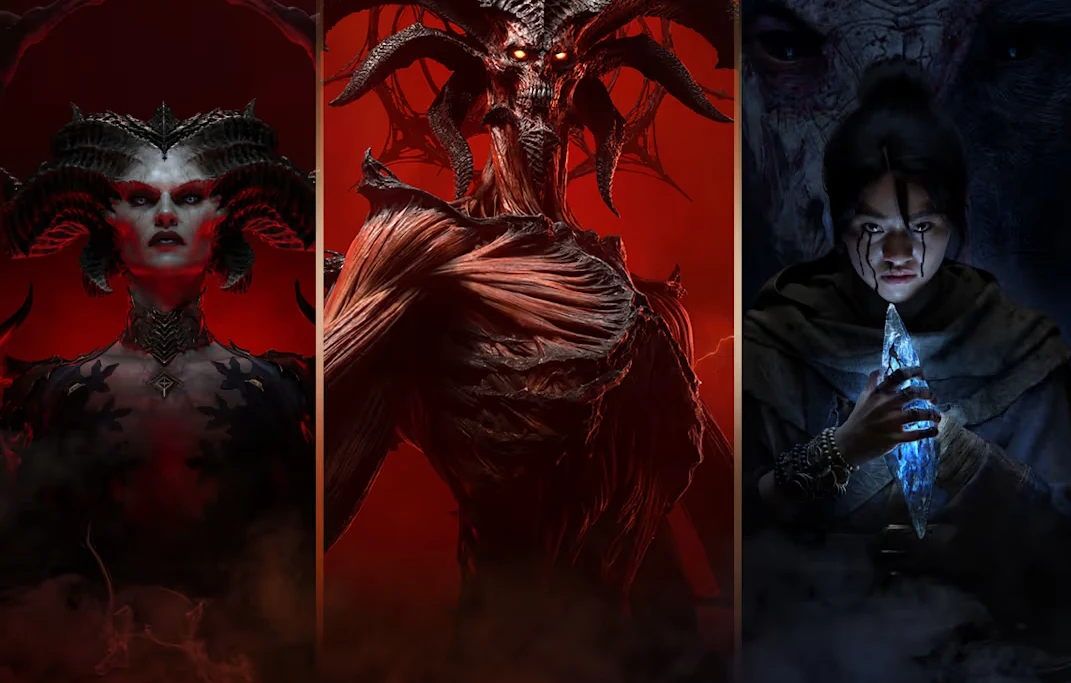 Diablo 4 Trzy demoniczne postacie z gry Diablo 4, każda w osobnym panelu na różnokolorowych tłach.