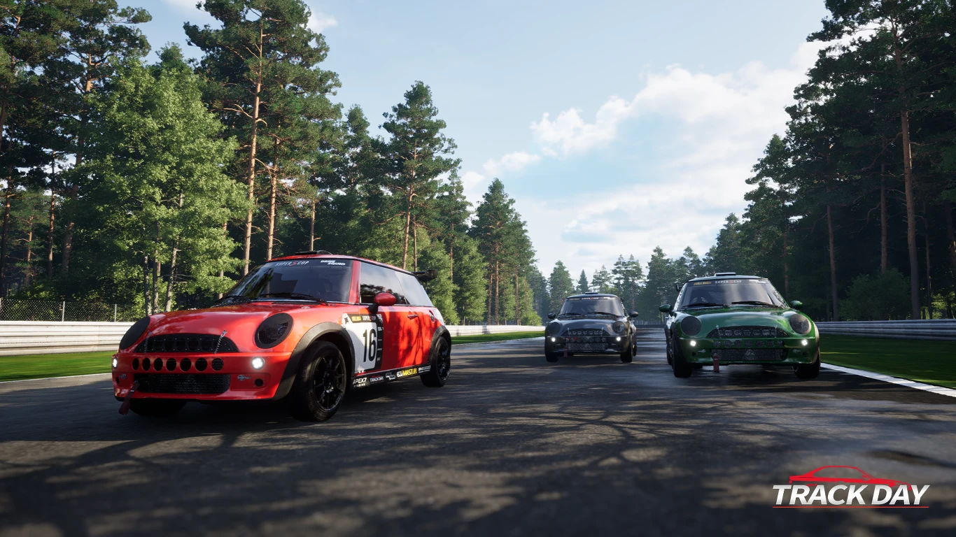 Trzy wyścigowe samochody Mini Cooper jadą obok siebie po asfaltowym torze, otoczonym wysokimi drzewami sosnowymi, pod jasnym, lekko zachmurzonym niebem.