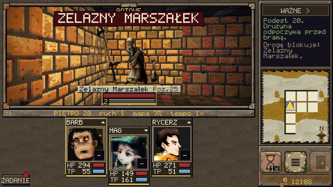 Dragon's Tear Drużyna bohaterów napotyka na swojej drodze postać Żelaznego Marszałka w lochu o ceglanej strukturze, widoczne są portrety trzech członków drużyny z paskami stanu oraz minimapa ukazująca aktualną pozycję.