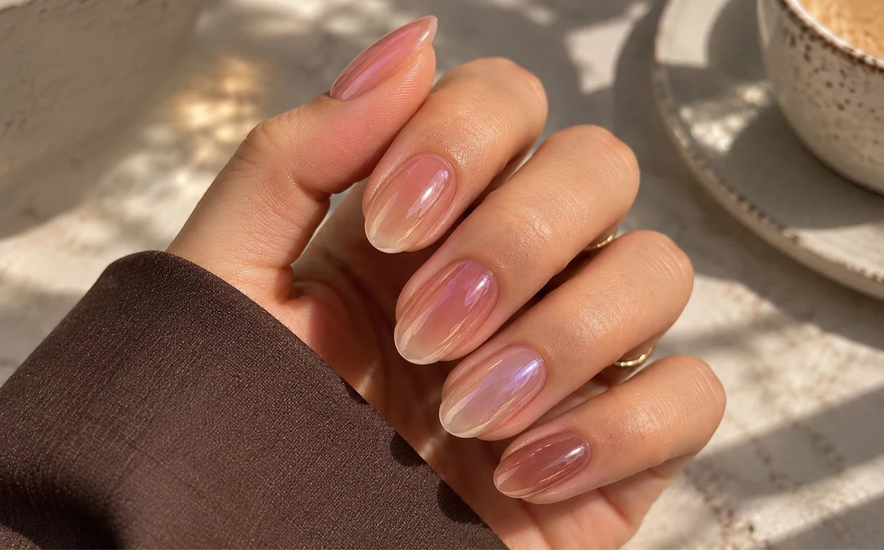 Dłoń z naturalnie opiłowanymi paznokciami o migdałowym kształcie i subtelnym, transparentnym manicure w jasnych, perłowych odcieniach.