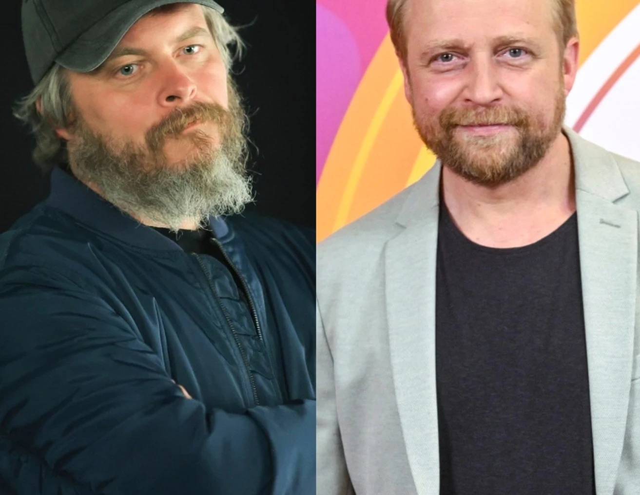 Tomasz Schuchardt, Piotr Adamczyk Dwa portrety mężczyzn, po lewej brodaty mężczyzna w czapce z daszkiem i ciemnej kurtce, po prawej mężczyzna w jasnej marynarce i ciemnym t-shircie na tle kolorowej grafiki.
