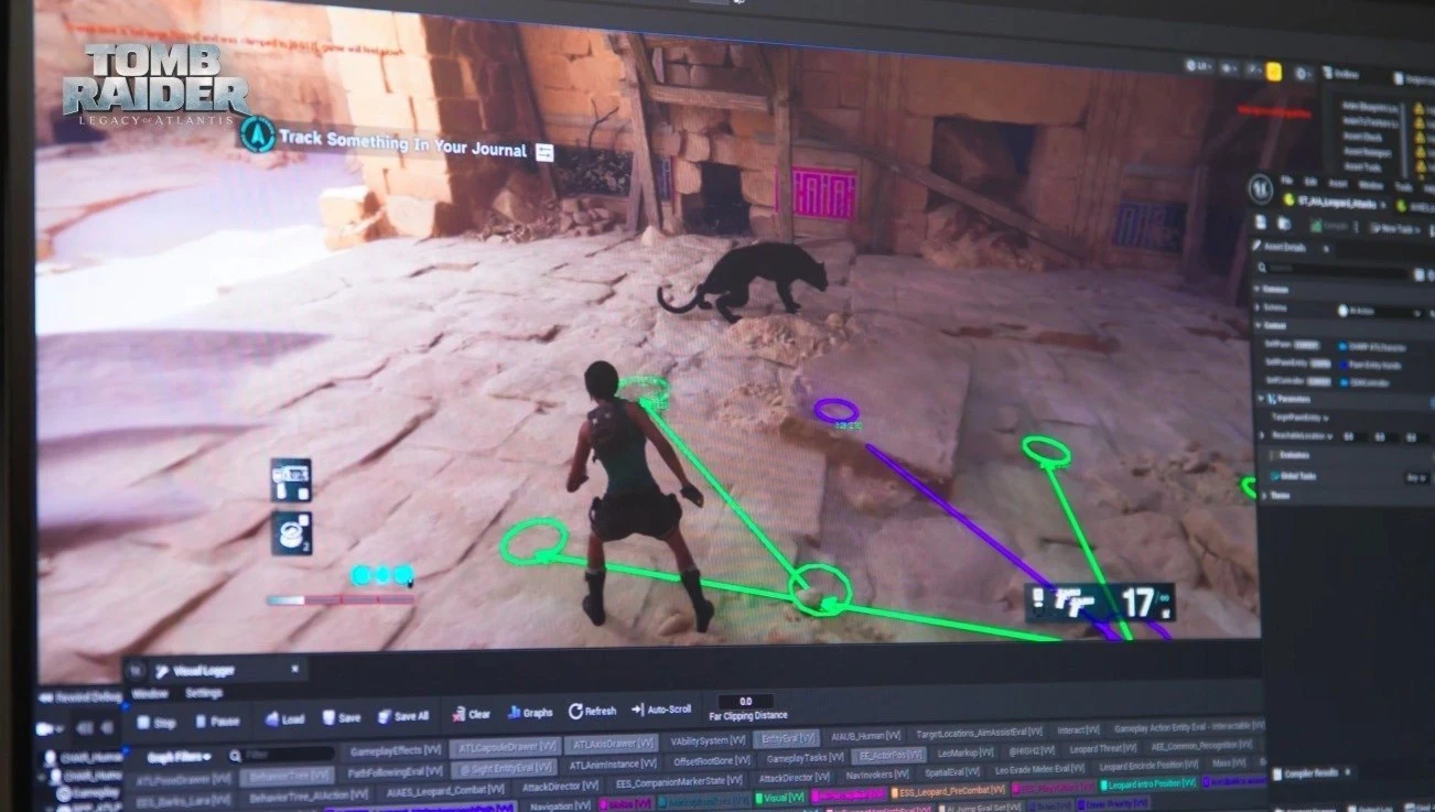 Tomb Raider: Legacy of Atlantis Postać w ciemnym stroju eksploruje ruiny Egiptu, zbliżając się do czarnego drapieżnika, widoczne linie projektowe.