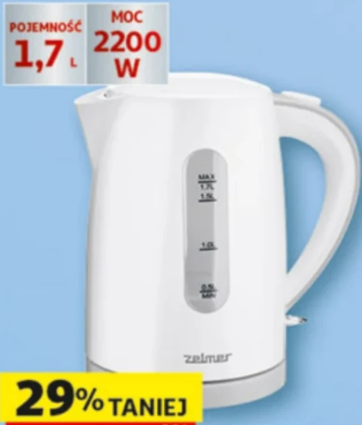 Biały czajnik elektryczny marki Zelmer z przezroczystym wskaźnikiem poziomu wody, pojemnością 1,7 litra i mocą 2200 W, promowany z 29% zniżką.