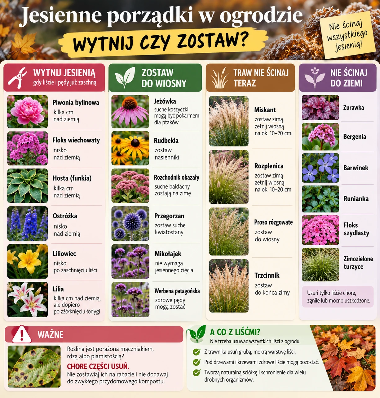 Nie ścinaj wszystkiego jesienią w ogrodzie. Te rośliny powinny zostać do wiosny Tabela podzielona na cztery kategorie pokazuje, które rośliny ogrodowe należy wyciąć jesienią, które zostawić do wiosny, które trawy pozostawić nietknięte oraz których roślin nie ścinać do ziemi; każda kategoria ilustrowana jest przykładowymi zdjęciami...