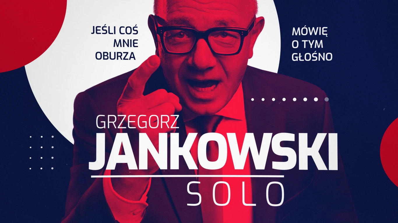 Grzegorz Jankowski w garniturze i okularach wskazuje palcem, na tle grafiki z napisem 'Solo' i hasłami podcastu.