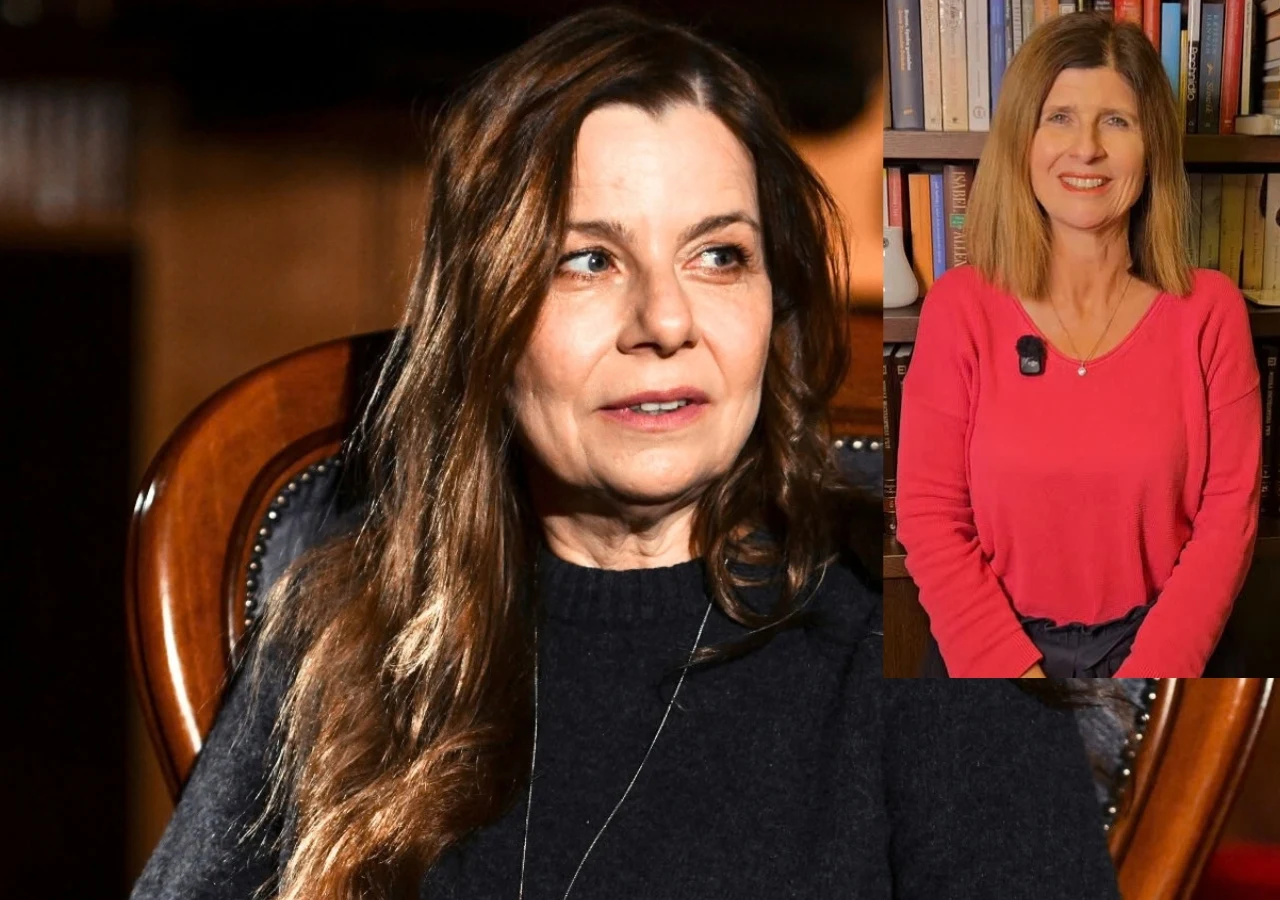 Agata Kulesza i jej siostra Magdalena Guz Kobieta z długimi, brązowymi włosami siedzi na krześle z drewnianym oparciem, patrząc w bok; w prawym górnym rogu wstawione jest zdjęcie innej kobiety o blond włosach, uśmiechniętej, ubranej w różowy sweter, stojącej przed regałem z książkami.
