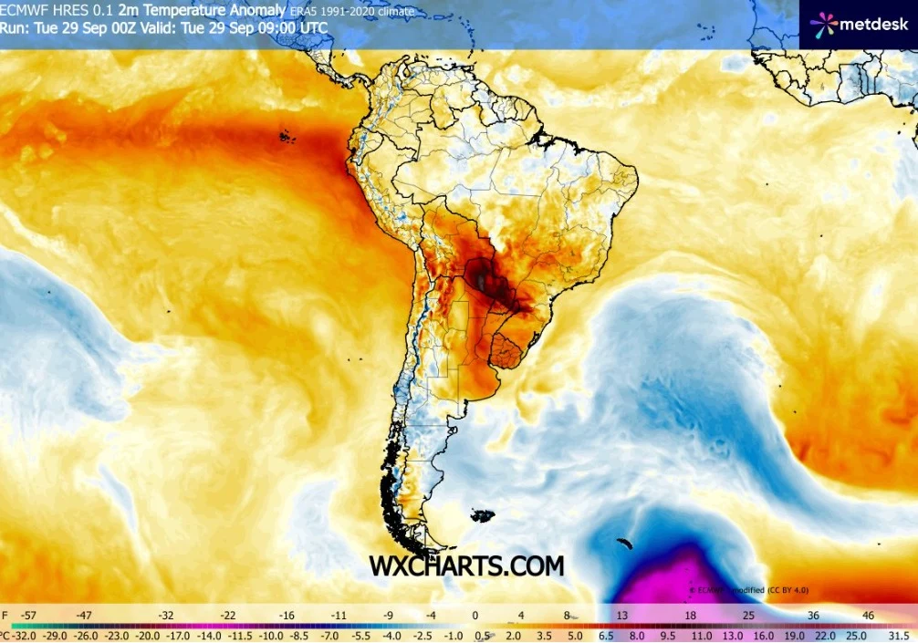 Temperatura powierzchni wody na Oceanie Spokojnym w rejonie równika jest wyraźnie wyższa od normy wieloletniej - wskazują najnowsze pomiary Mapa Ameryki Południowej z kolorystyczną wizualizacją anomalii temperatury, gdzie centralne obszary kontynentu wykazują silne ocieplenie oznaczone intensywnymi odcieniami czerwieni, podczas gdy południowe i południowo-wschodnie regiony zaznaczone są ch...