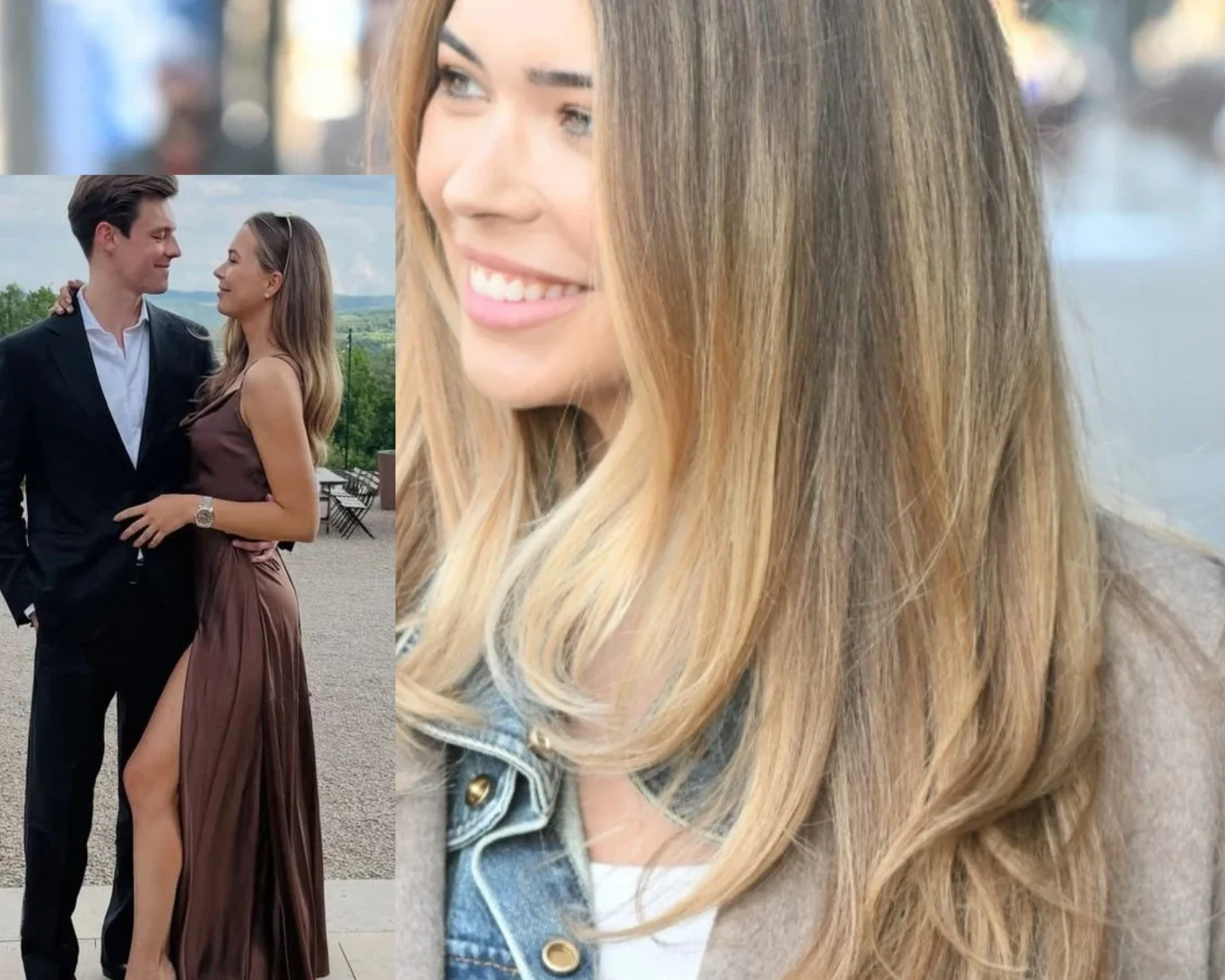 Sandra Kubicka pochwaliła się zdjęciem w towarzystwie partnera Uśmiechnięta kobieta z długimi, jasnobrązowymi włosami na pierwszym planie, w tle elegancka para – mężczyzna w garniturze i kobieta w długiej sukni z rozcięciem, stojący naprzeciw siebie i patrzący sobie w oczy.
