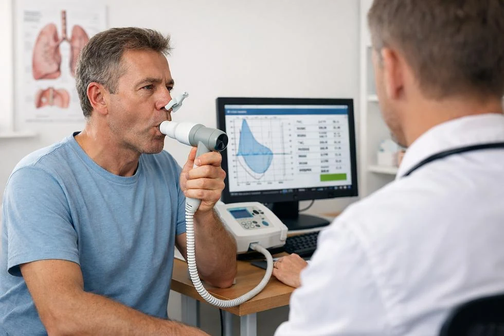Spirometria to proste badanie, które pomaga wykryć m.in. astmę i POChP. 30 września będzie można wykonać je bezpłatnie w wybranych placówkach NFZ Mężczyzna podczas spirometrii wydmuchuje powietrze do ustnika, lekarz obserwuje wyniki na monitorze.