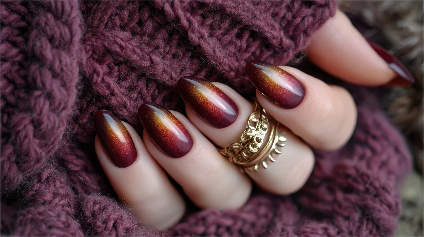 Jeden z wariantów pumpkin spice aura nails w wersji ombre z lekkim burgundowym cieniowaniem Dłoń z długimi, migdałowymi paznokciami w bordowo-złotym ombre, ozdobiona złotym pierścionkiem z koralikami, otulona dzianinowym swetrem w odcieniu bordo.