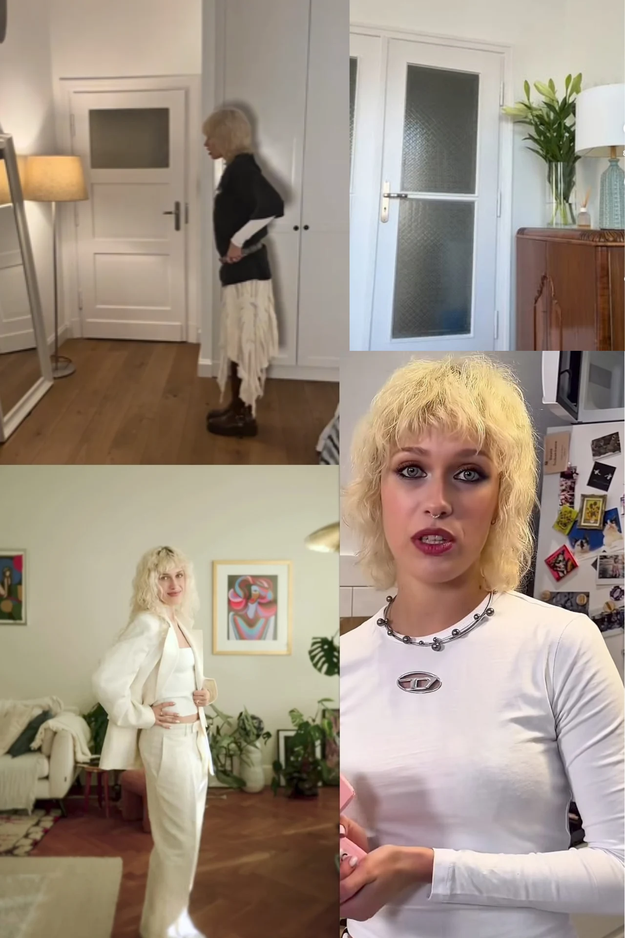 Tak wygląda mieszkanie Heleny Englert/ Instagram:@helena_englert Kobieta z blond włosami prezentuje dwie różne stylizacje we wnętrzach mieszkalnych, w tym zestaw z białymi spodniami i swetrem oraz elegancką czarną sukienką z jasną falbanką; całość uzupełniają domowe dodatki i kwiaty w wazonie.