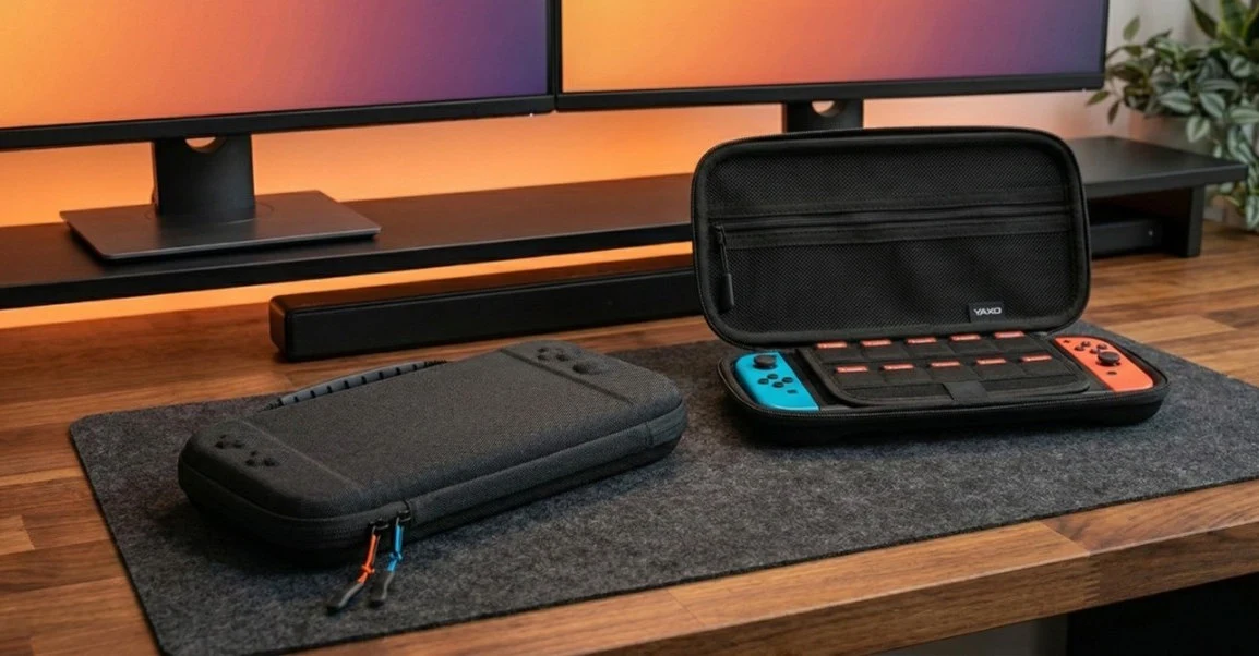 Konsola Nintendo Switch z kolorowymi Joy-Conami umieszczona w otwartym etui ochronnym, obok zamkniętego pokrowca, na drewnianym biurku z dwoma monitorami w tle.