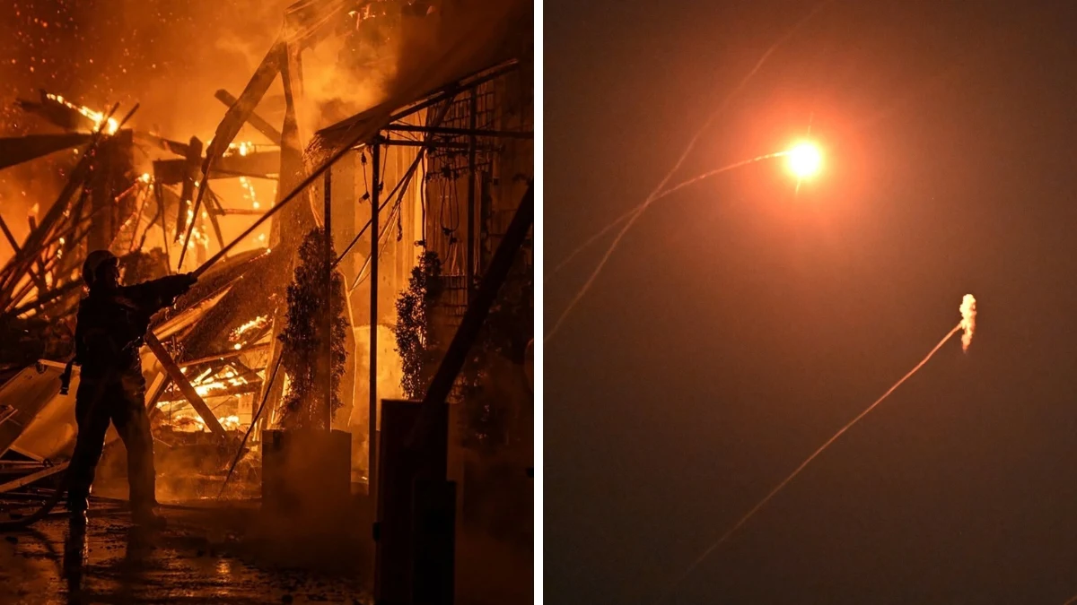 Zmasowany atak Rosji na Kijów Pożar budynku podczas nocnego ataku na Kijów oraz ślady pocisków widoczne na niebie nad ukraińską stolicą.