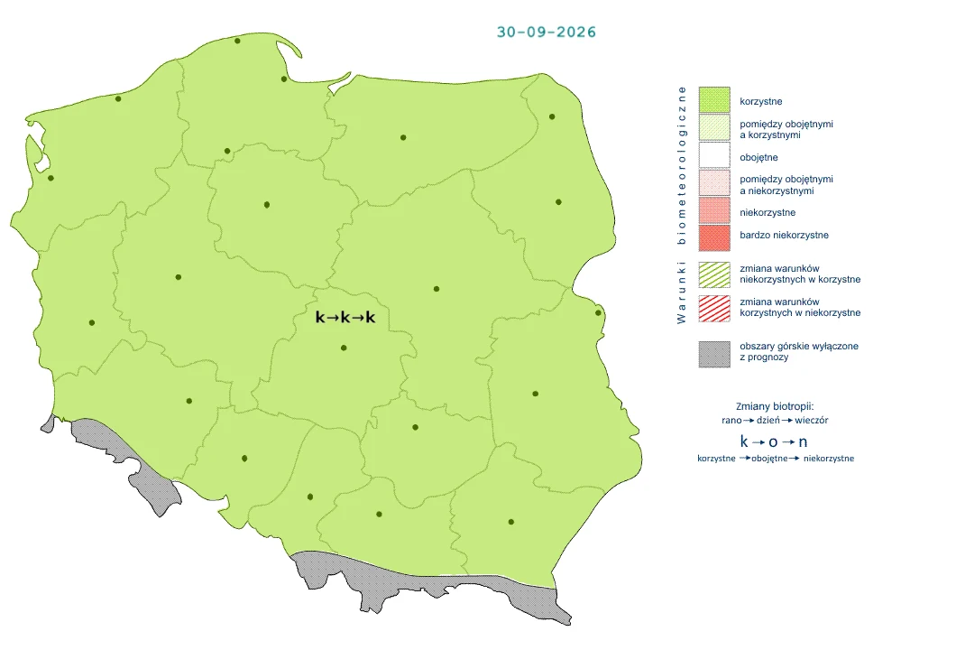 Wyż sprawi, że od rana do wieczora w całym kraju utrzymają się korzystne warunki Mapa Polski z zaznaczonym jednolitym zielonym kolorem wskazującym korzystne warunki biometeorologiczne na całym obszarze kraju, z symbolami oraz legendą wyjaśniającą kategorie i datą w prawym górnym rogu.