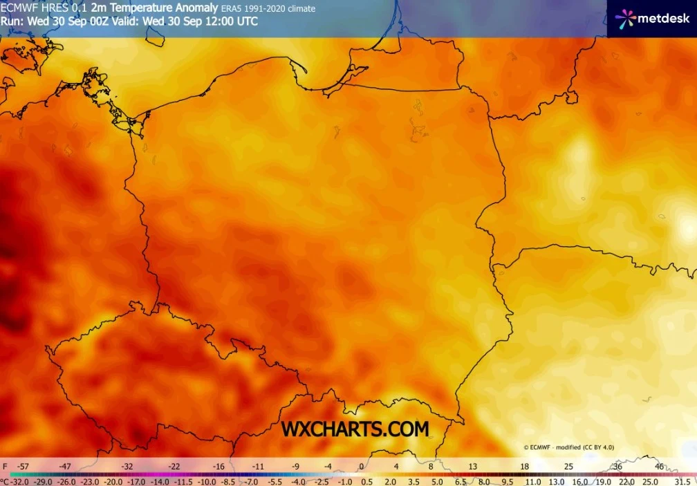 Po chłodnym poranku czeka nas słoneczny, ciepły dzień w całym kraju. Na południowym zachodzie może być do 23 stopni, ale lokalnie nawet więcej Mapa Polski z wyraźnie zaznaczonymi anomaliami temperatury powietrza, ukazującymi znacznie wyższe wartości w centralnej i południowo-zachodniej części kraju, naniesione na tle gradientu odcieni pomarańczowego i czerwonego.