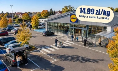 Klienci z zakupami na parkingu przed sklepem Lidl w słoneczne jesienne przedpołudnie