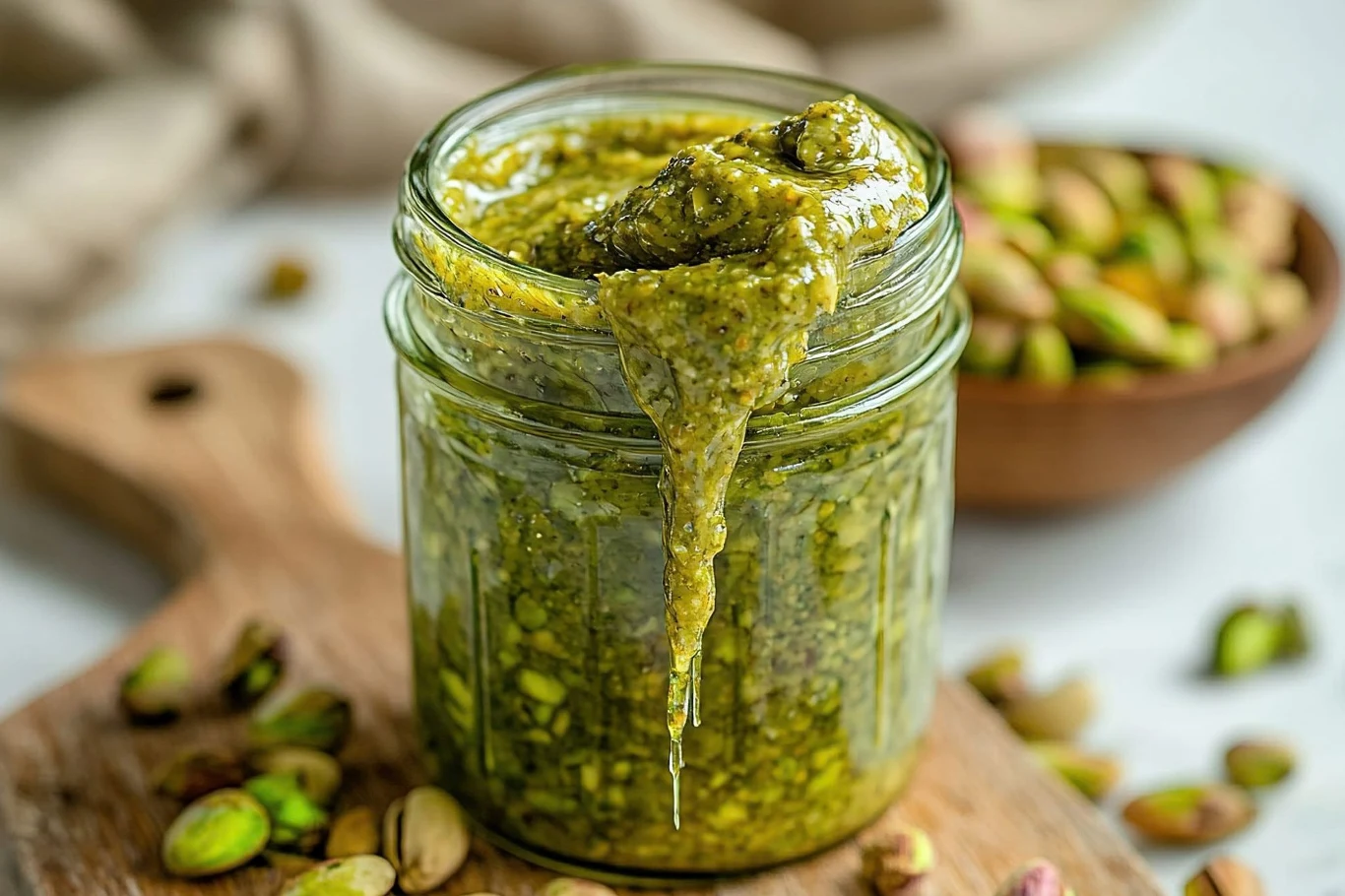 Pesto pistacjowe jest doskonałym dodatkiem do makaronu, ale też kanapek i innych potraw Słoik z pesto pistacjowym na drewnianej desce, wokół rozrzucone obrane pistacje.