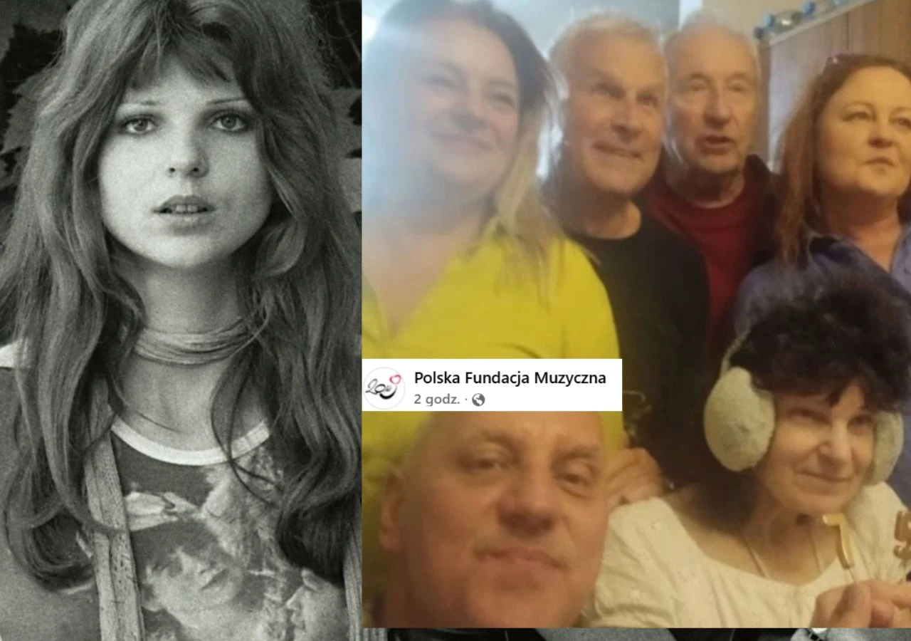 Elżbieta Dmoch świętowała 75. urodziny. Młoda kobieta o długich włosach na czarno-białym portrecie oraz grupa dorosłych osób pozujących razem, z jedną starszą kobietą w białych nausznikach na pierwszym planie.