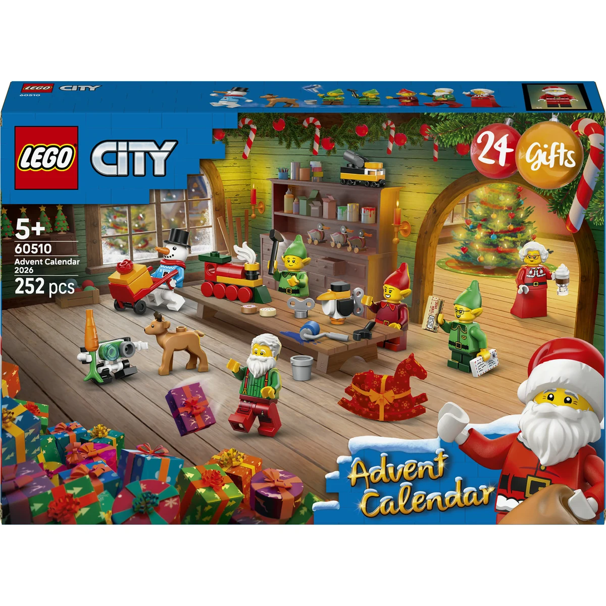 Zestaw klocków LEGO City z motywem kalendarza adwentowego, w którym głównymi elementami są figurki Świętego Mikołaja, elfów i zwierząt oraz dekoracje i prezenty ustawione w świątecznym warsztacie ozdobionym choinką i kolorowymi światełkami.